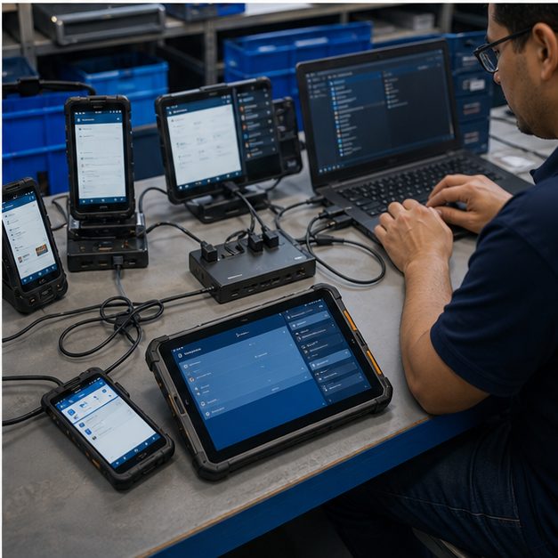 Android device customization and deployment capability lab with staged devices