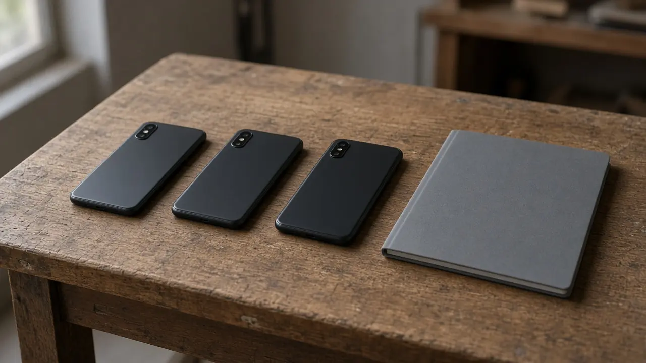 Three unbranded handsets face-down on a wooden bench beside a closed gray notebook
