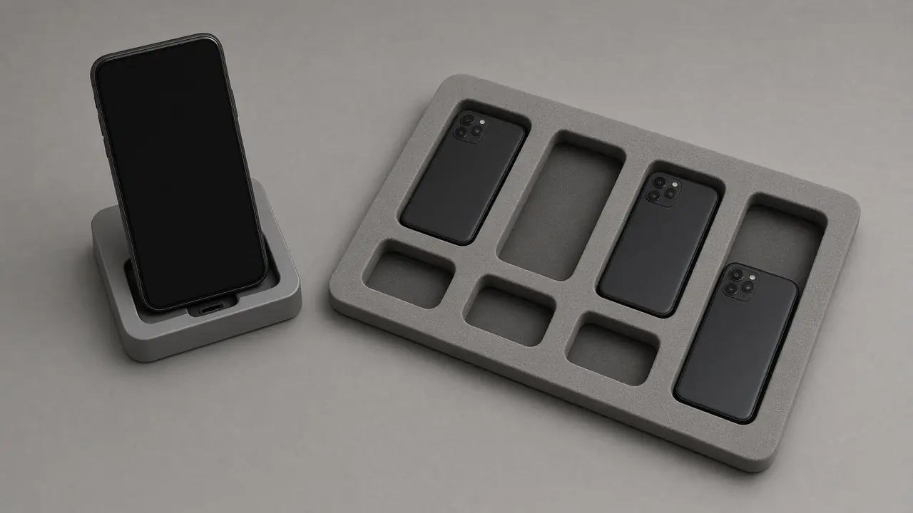 An unbranded handset standing in a cradle, screen dark, beside a foam tray with empty slots