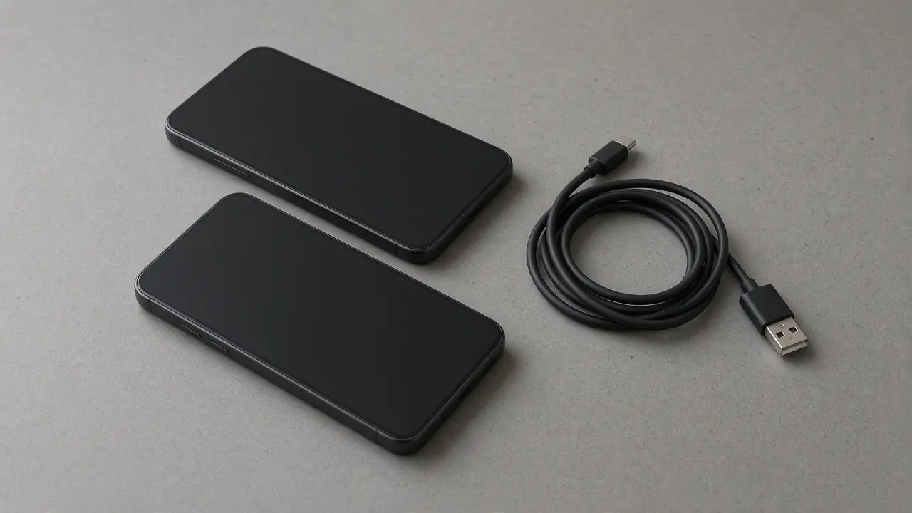 Two unbranded handsets with dark screens beside a coiled black cable