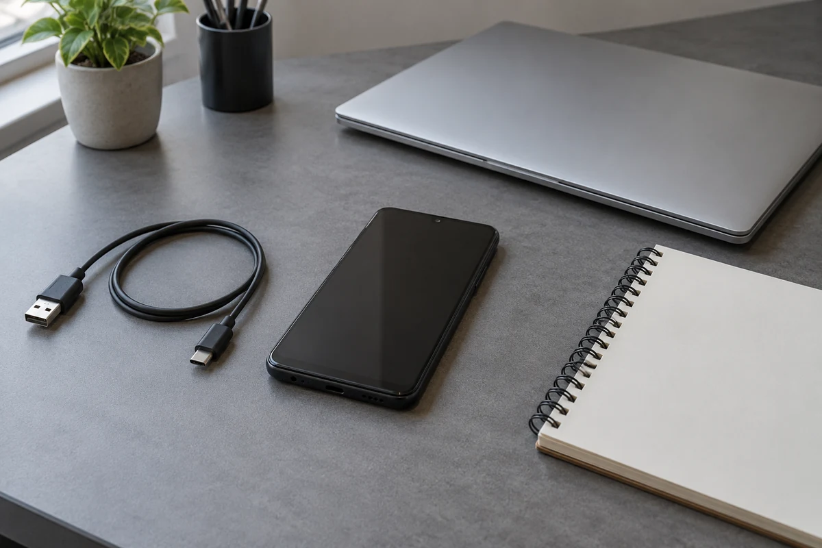 Unbranded Android test device and a notebook on a bench. This is a general preparation scene, not evidence that a wipe completed.