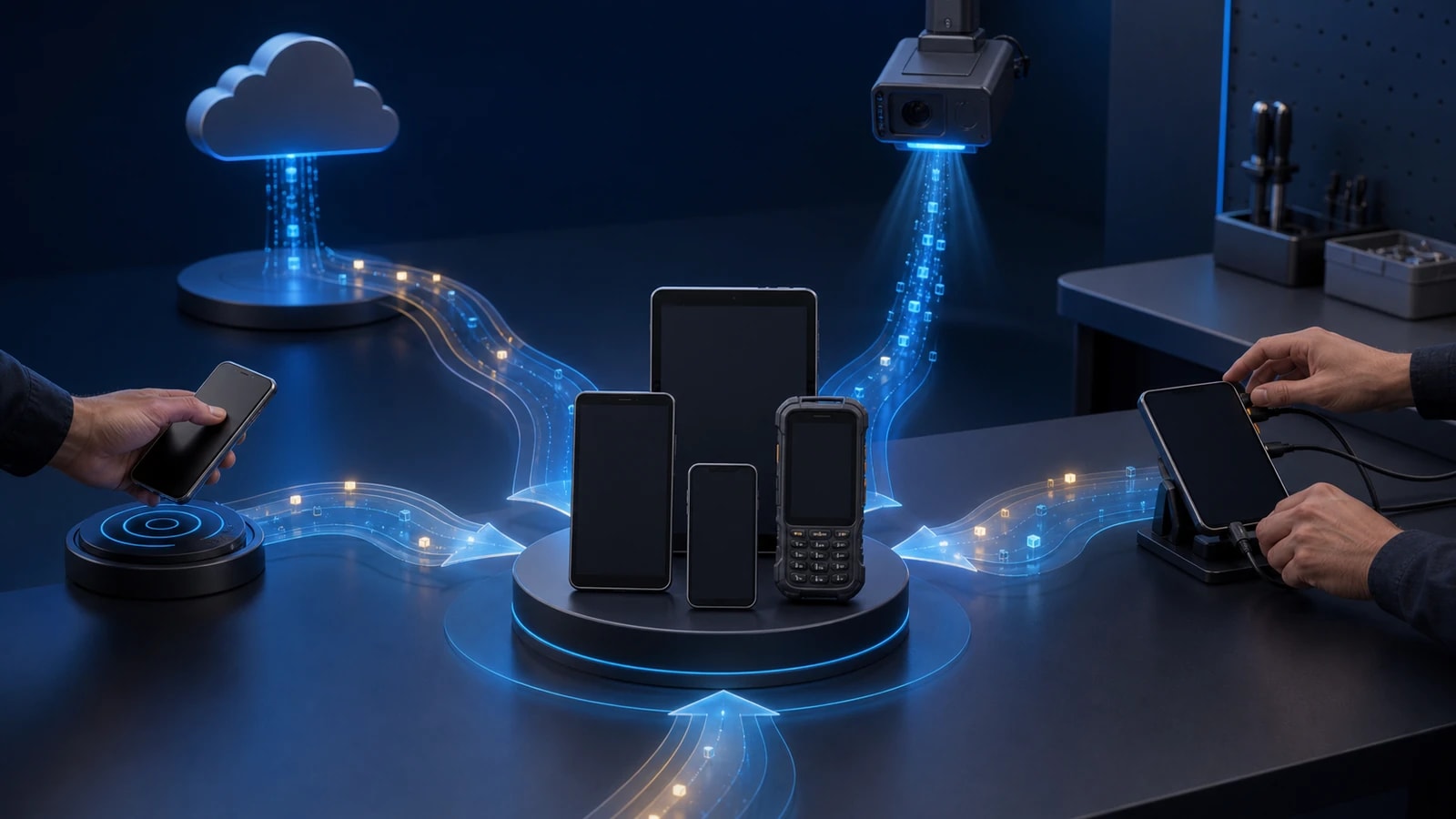 Conceptual Android device provisioning routes converging on a managed fleet