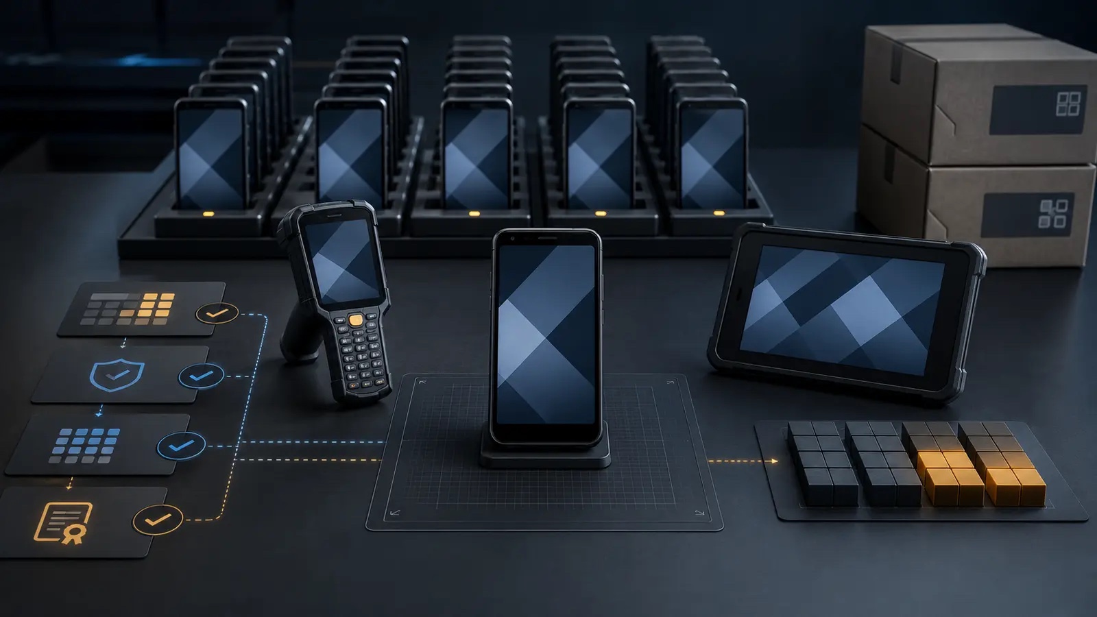Android device rollout integrator connecting a reference sample, app and policy validation, and a staged device batch