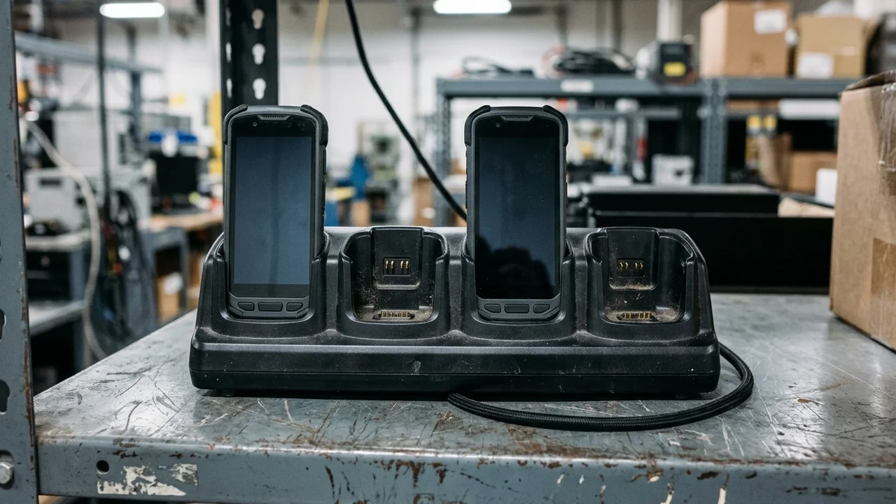Four-bay industrial charging cradle on a steel depot shelf holding two unbranded rugged Android handhelds with dark powered-off screens and two empty bays showing brass pogo pins