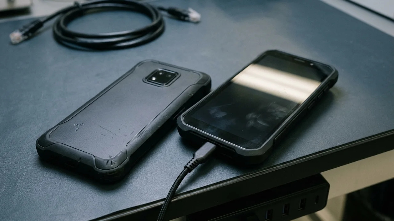 Two unbranded rugged Android handheld terminals with dark powered-off screens on an ESD workbench mat beside a USB hub