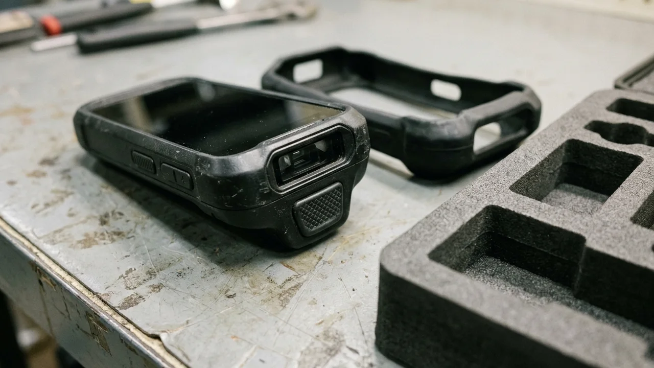 Unbranded rugged Android handheld terminal lying on its side showing the optical barcode scanner window and side buttons beside a detached rubber bumper and foam tray