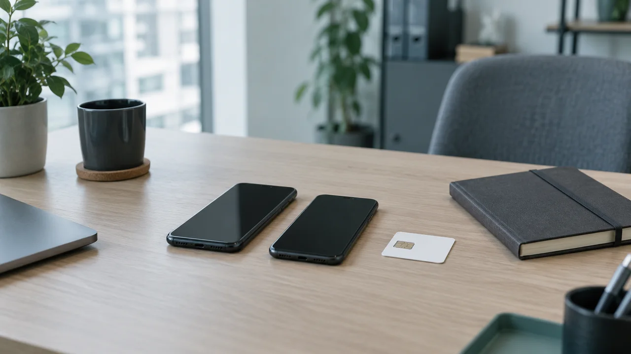 Two dark-screen handsets and a blank SIM card carrier beside a closed notebook on a wooden desk