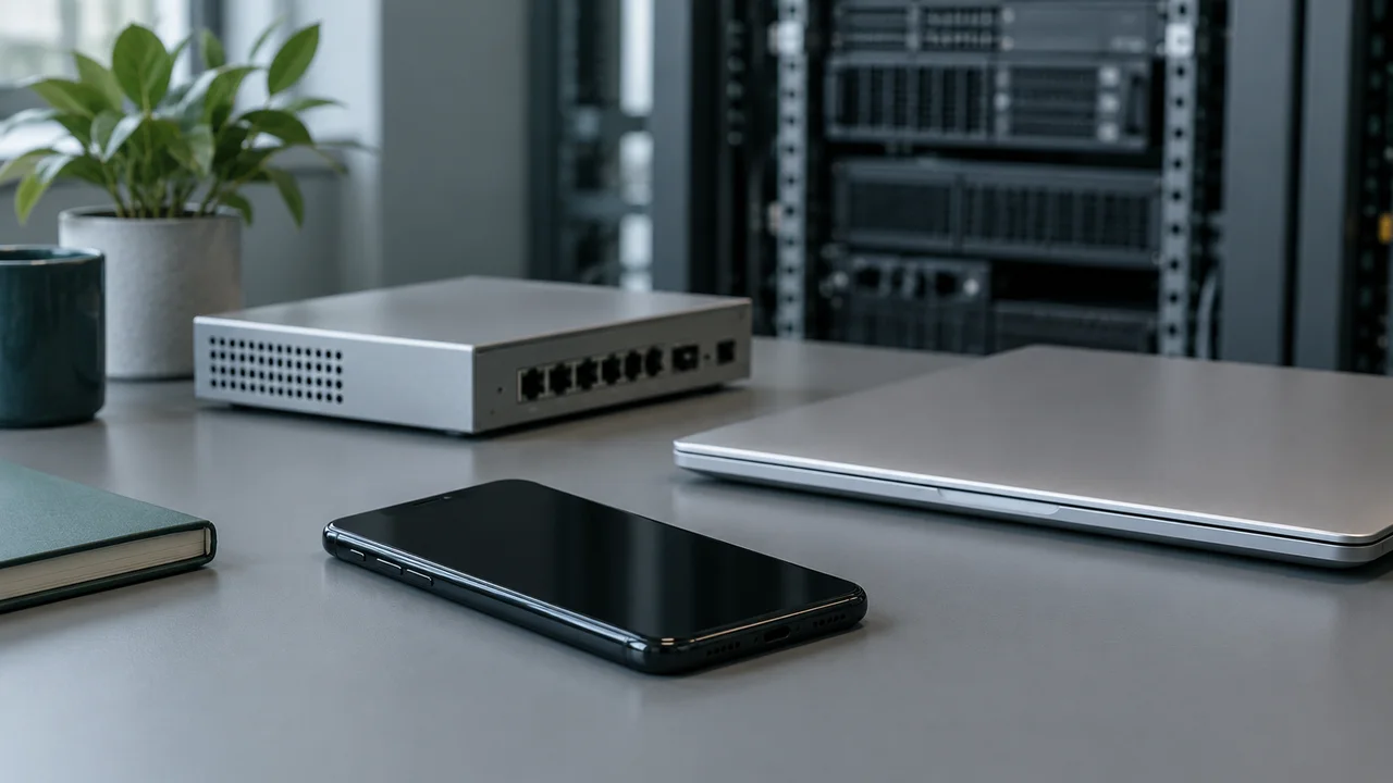 A dark-screen handset beside a closed silver laptop and a small network appliance with server equipment in the background