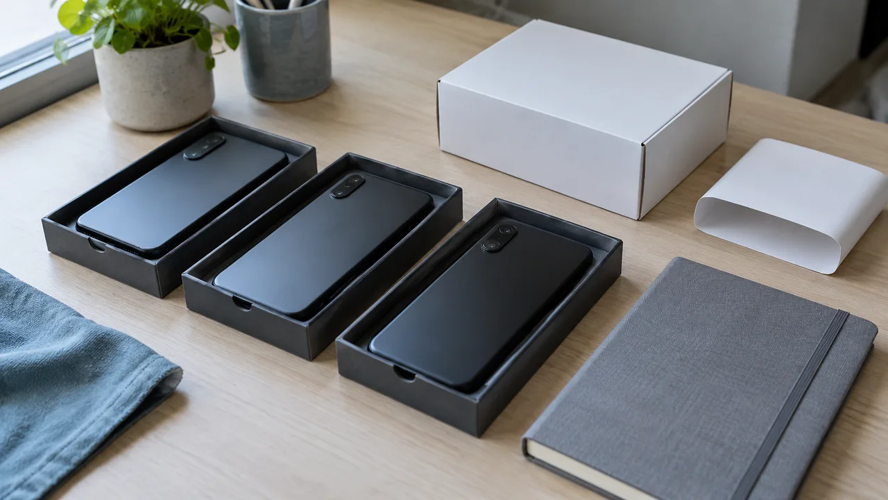 Three face-down handsets in separate dark trays beside a plain white box and a closed gray notebook