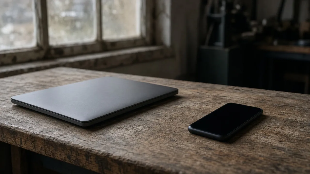 Closed laptop and an unbranded handset on a wooden bench