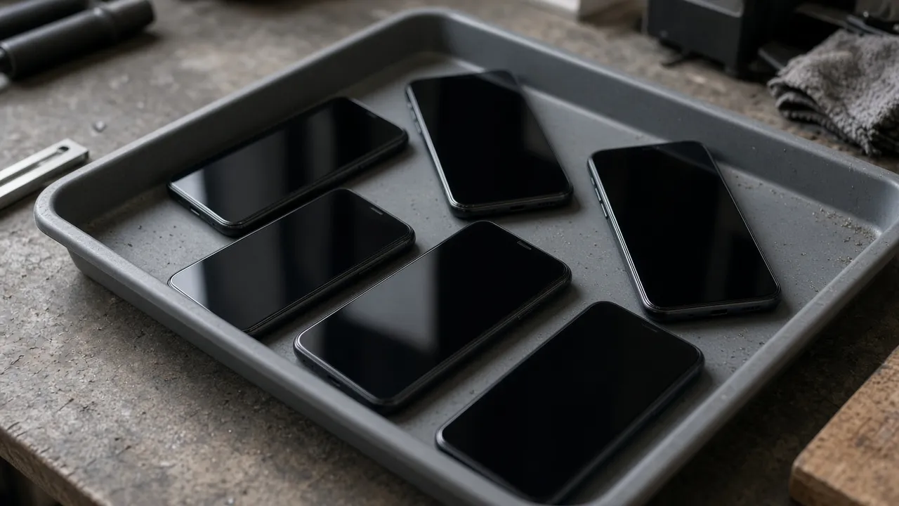 Unbranded handsets lying in a tray, screens dark