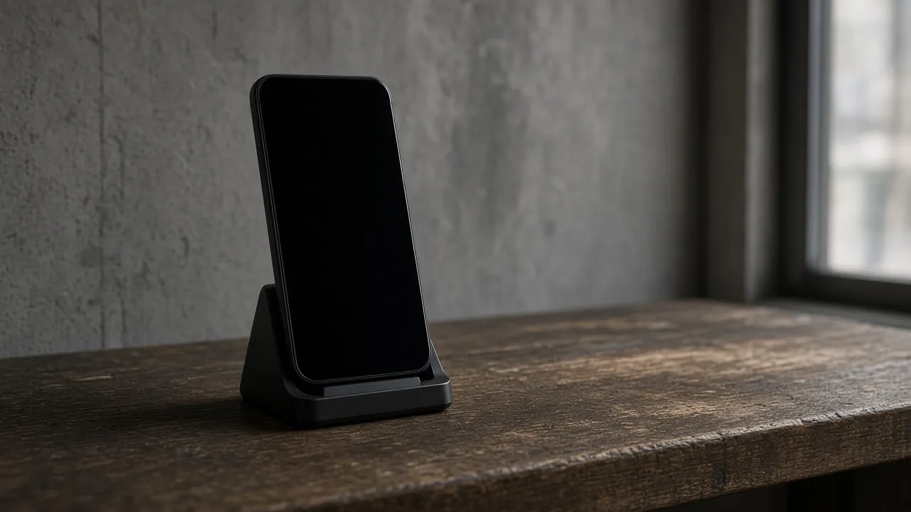Unbranded handset standing in a cradle, screen dark