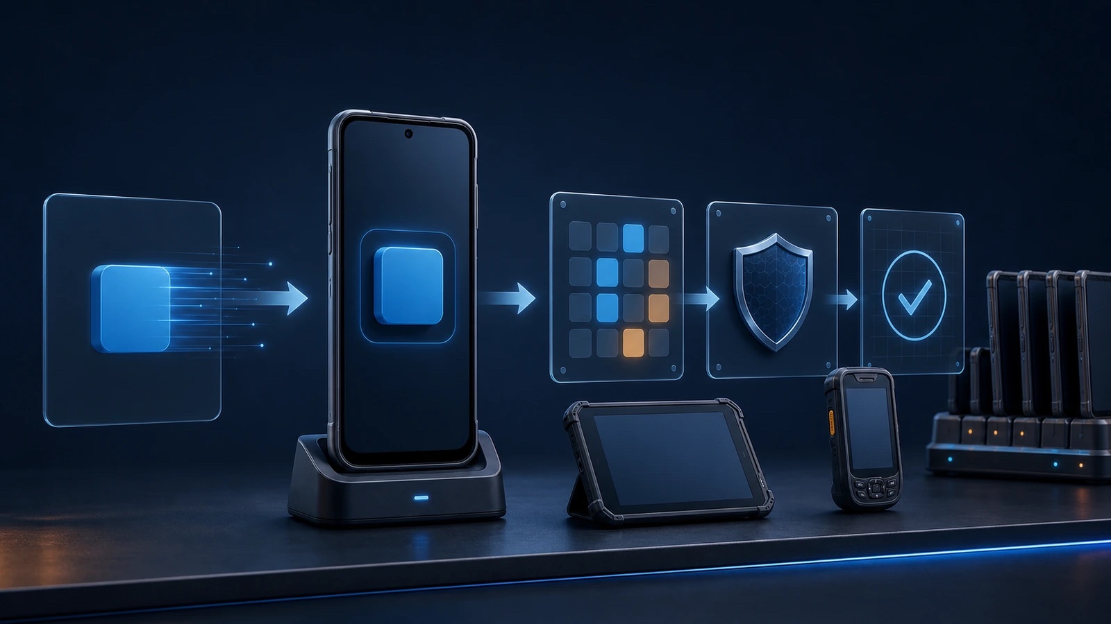 Android phone and tablet moving through validation checks toward an accepted staged device batch