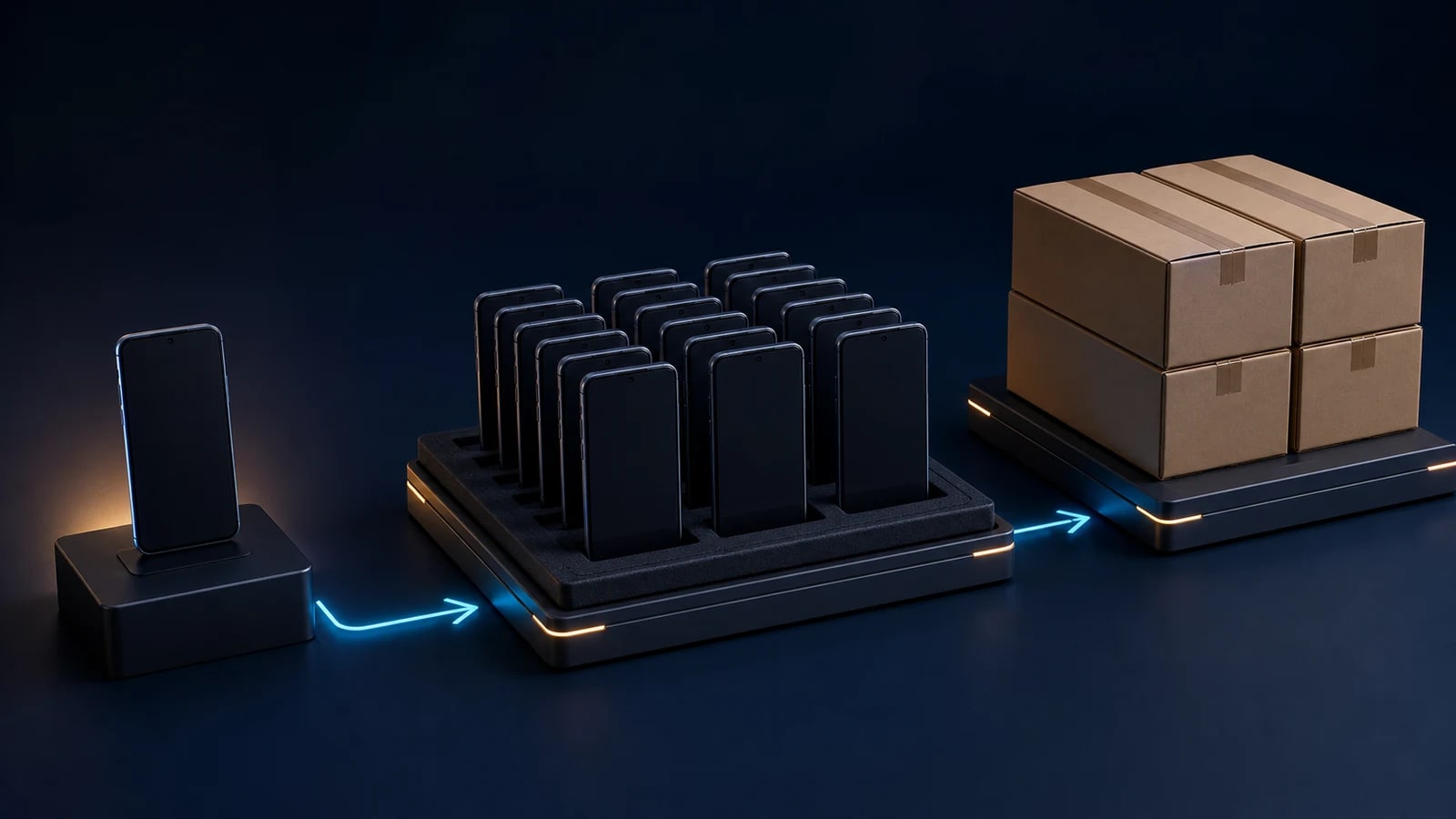Approved Android sample, matching staged devices and sealed cartons connected by a controlled staging flow