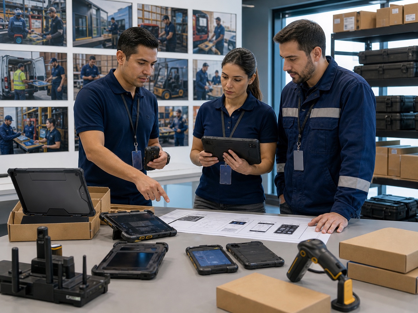 Custom Android device solution planning with phones and tablets staged for deployment