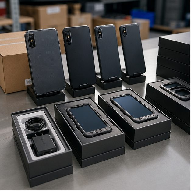 Custom smartphones staged with branded packaging for a B2B device program