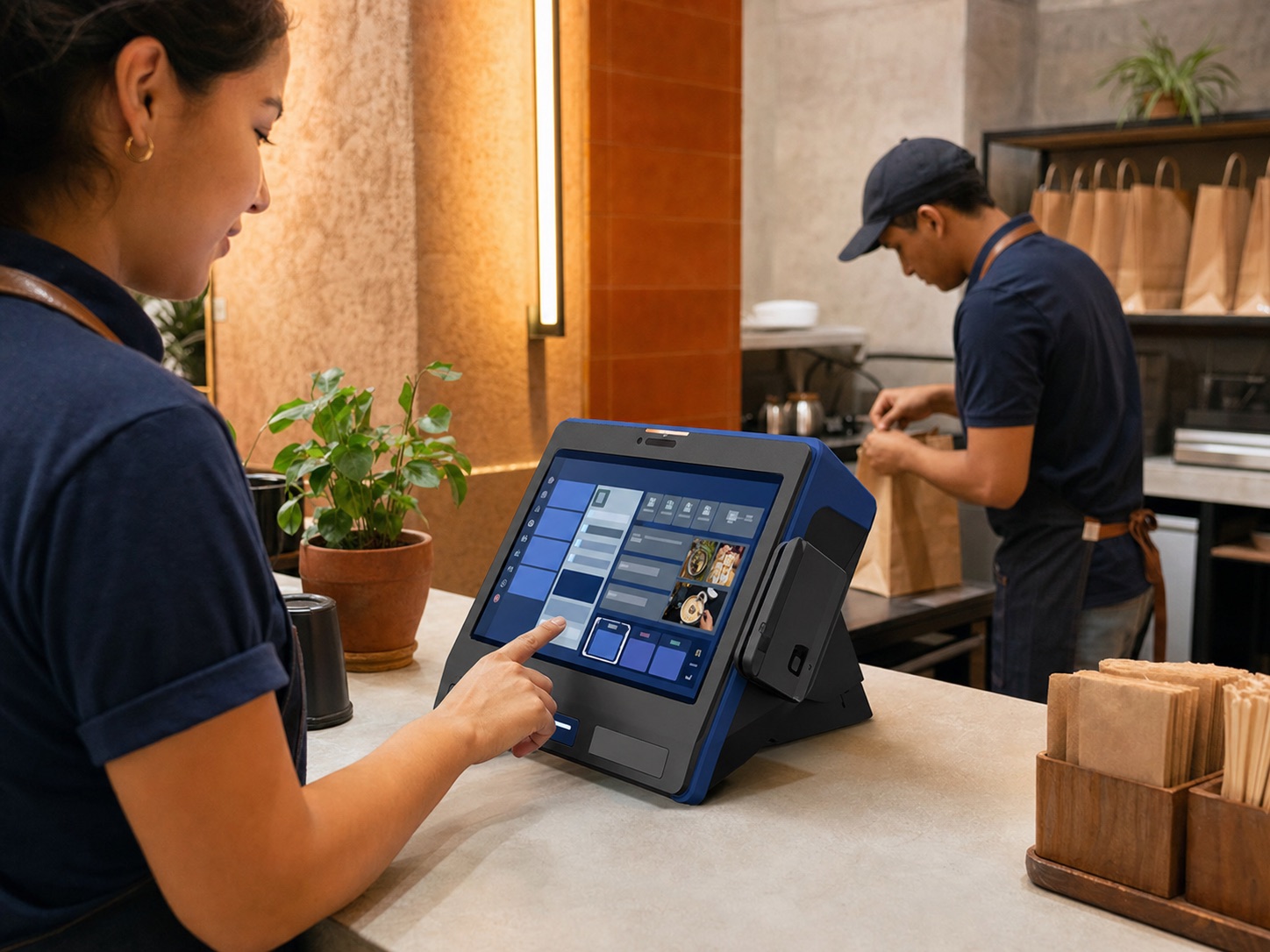 Retail store team using Android POS and handheld devices at the counter