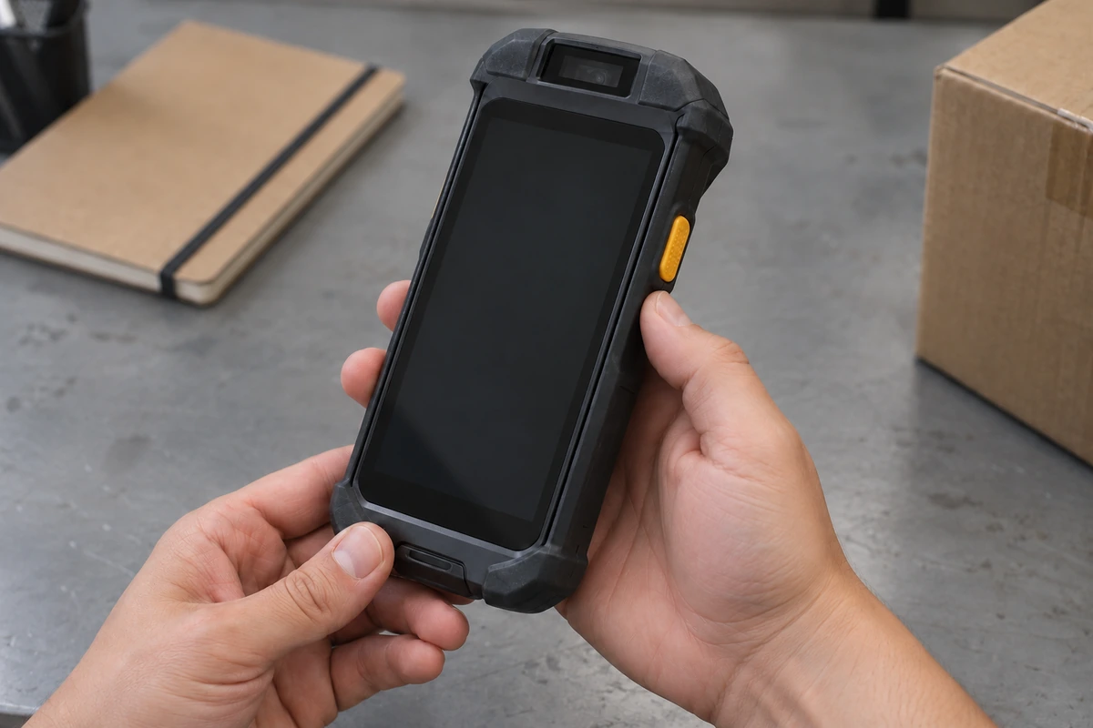 Hands holding a rugged handheld near its physical scan trigger