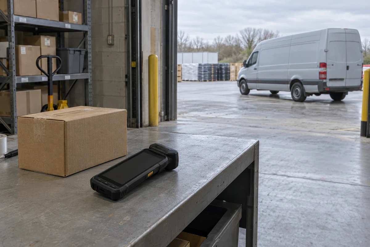 Handheld scanner and carton near a warehouse loading-bay doorway