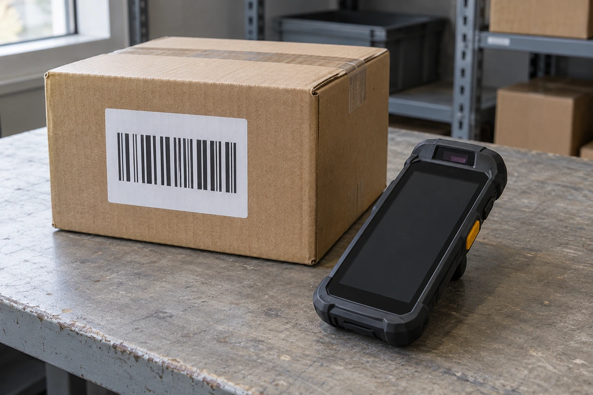 Unbranded handheld scanner beside a parcel label on a receiving table