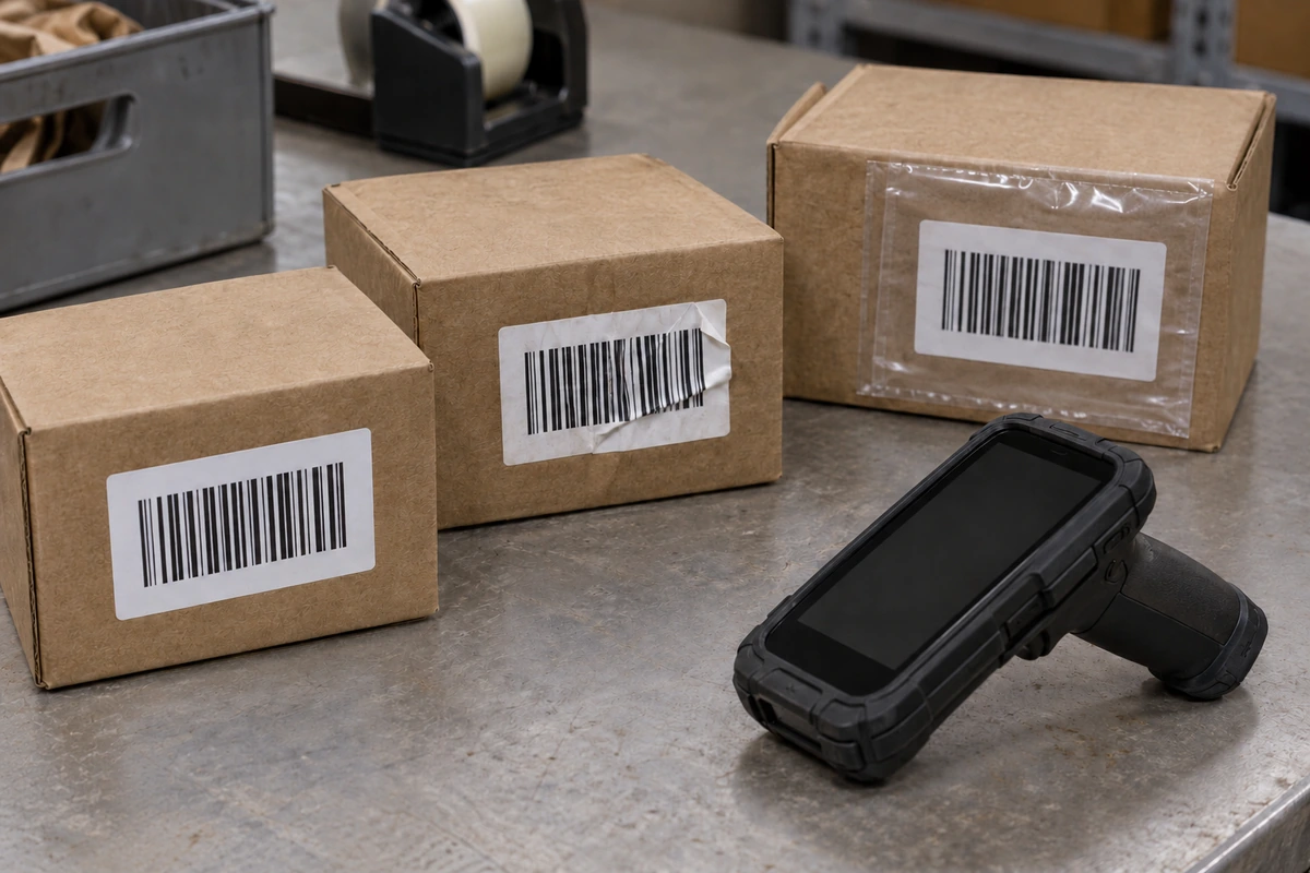 Parcel labels on different carton surfaces beside a handheld scanner
