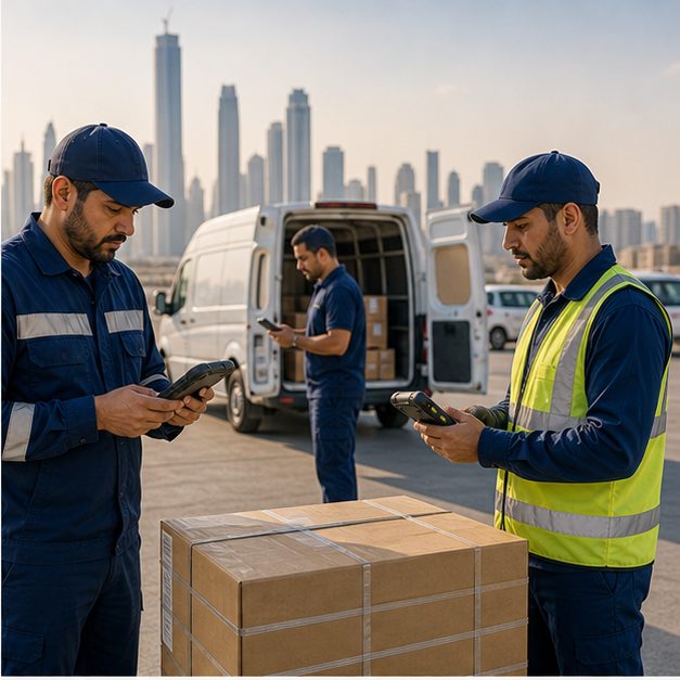 Transportation and logistics team checking deliveries with rugged Android devices