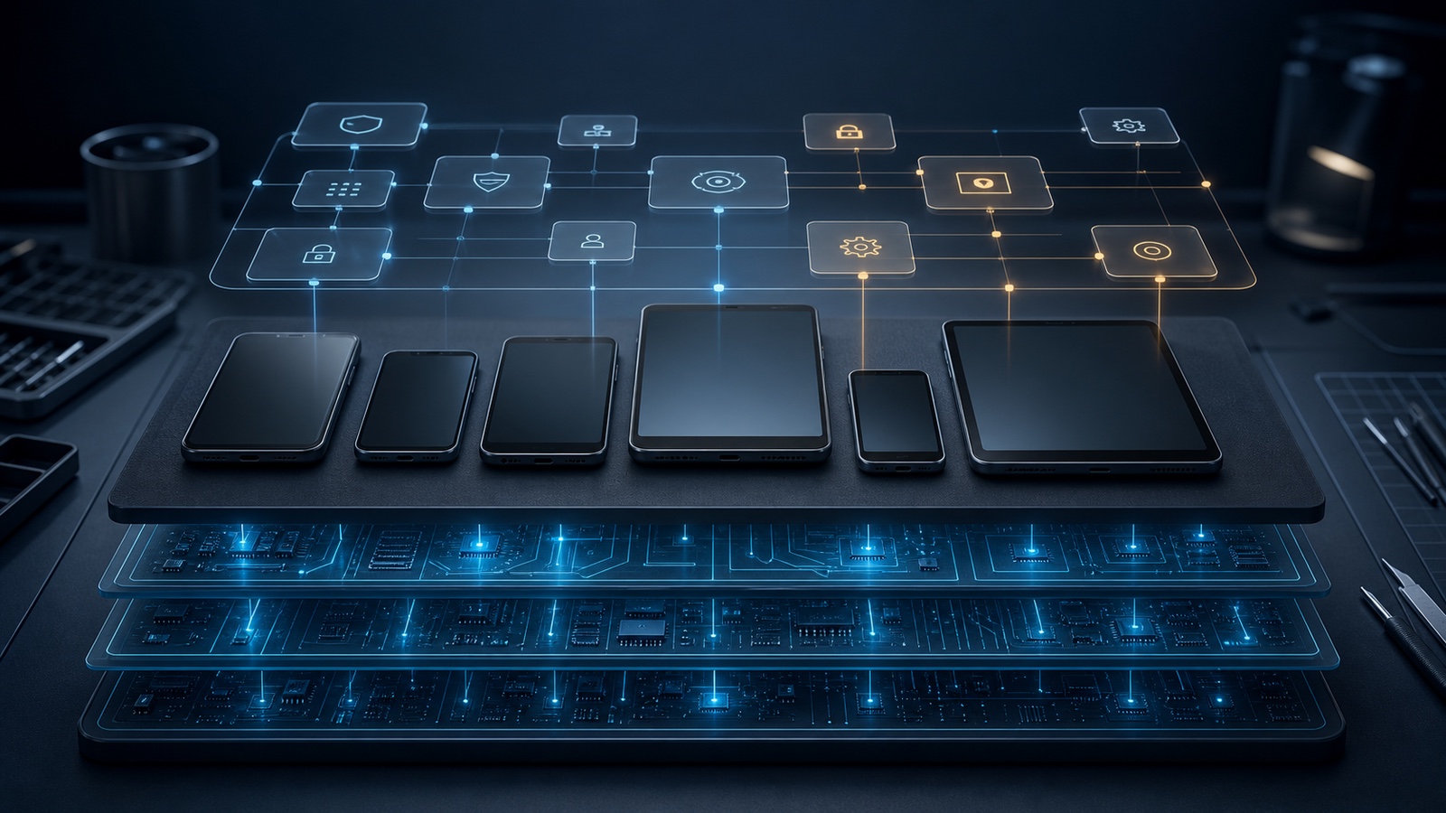 Android device fleet shown between a policy management layer and a firmware system layer