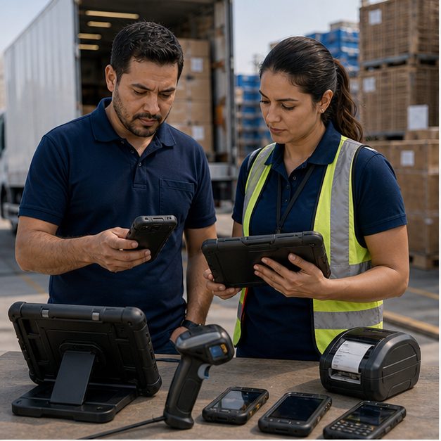 Multiple operational use cases shown with rugged Android phones, tablets and scanners