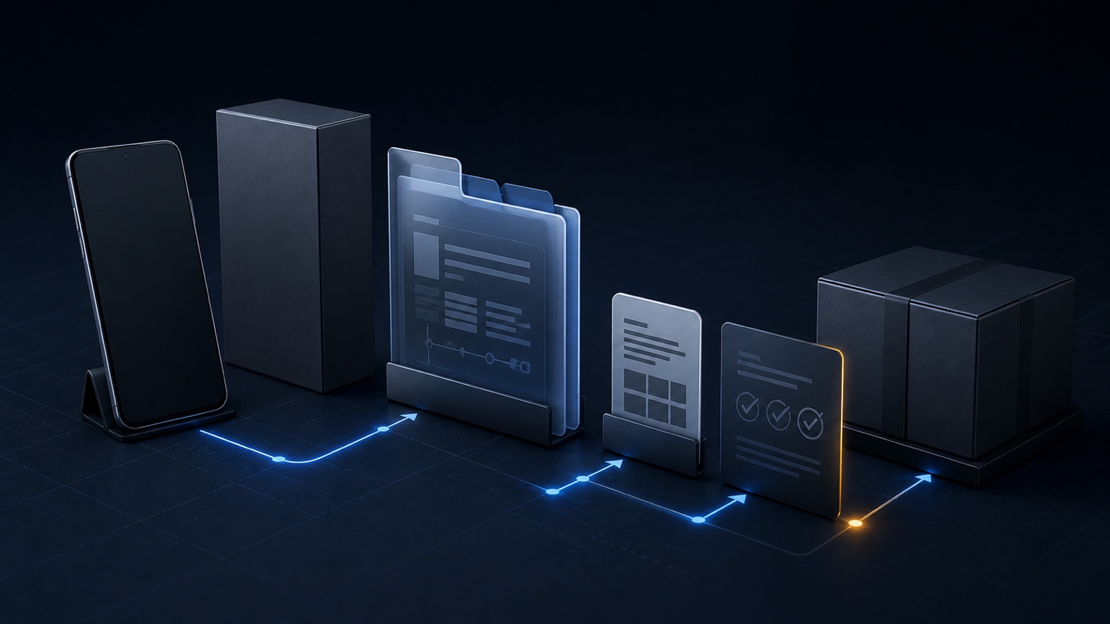 Unbranded Android phone, packaging, build records, and sample approval materials arranged for white-label sourcing review